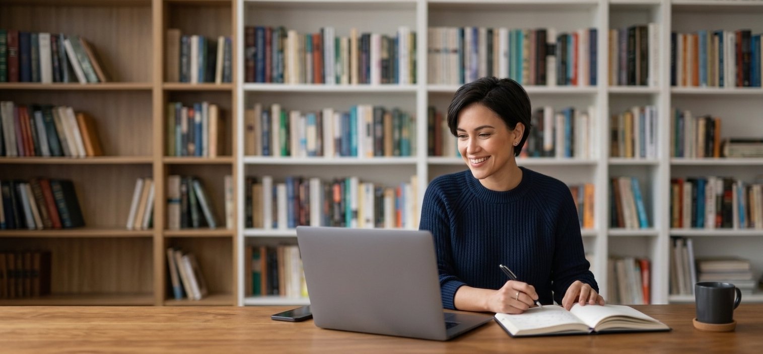 Smiling woman working on a laptop at a desk
